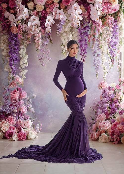 Romantic Purple Wisteria Backdrop – Cascading Lilac and Pink Blossoms with Soft Pastel Wall