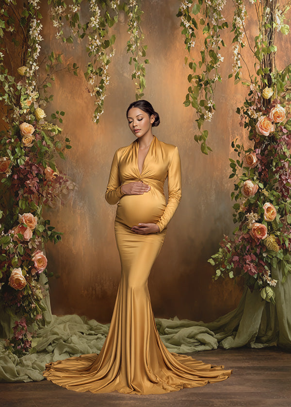 Rustic Autumn Floral Backdrop – Warm Copper Wall with Greenery and Peach Roses