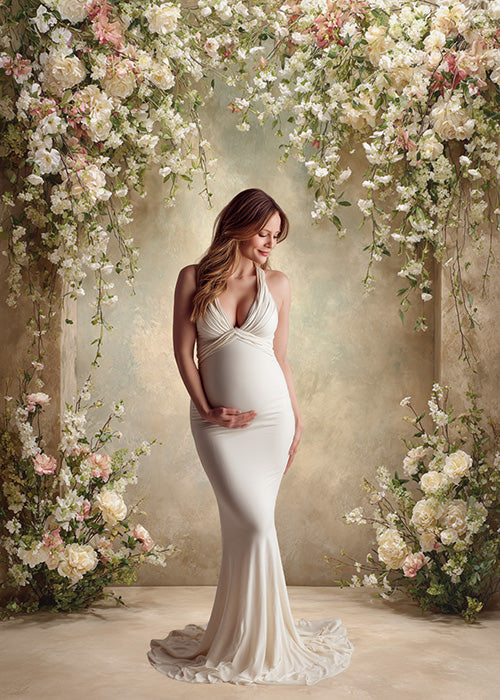 Romantic Ivory Blossom Backdrop – Elegant White Florals with Soft Sand Beige Wall