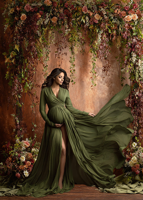 Rustic Autumn Floral Backdrop – Warm Copper Wall with Greenery and Peach Roses