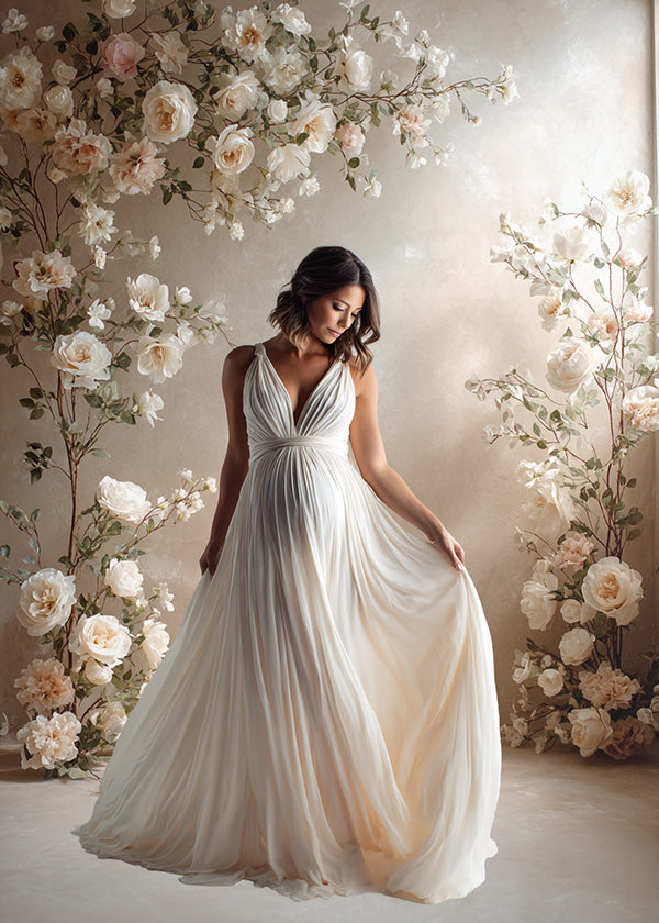 Romantic Ivory Blossom Backdrop – Elegant White Florals with Soft Sand Beige Wall