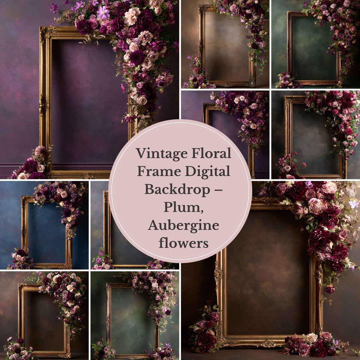 Vintage Floral Frame Digital Backdrop Collection – Plum & Aubergine Fine Art Photography Backgrounds