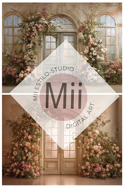 Anthurium Romantic Floral Doorway Digital Backdrop – Vintage Arched Entrance with Elegant Flowers for Photography - Mii - Estilo