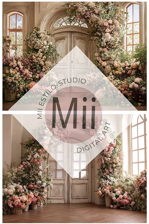 Anthurium Romantic Floral Doorway Digital Backdrop – Vintage Arched Entrance with Elegant Flowers for Photography - Mii - Estilo