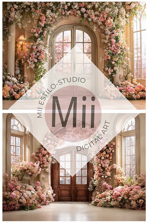 Anthurium Romantic Floral Doorway Digital Backdrop – Vintage Arched Entrance with Elegant Flowers for Photography - Mii - Estilo