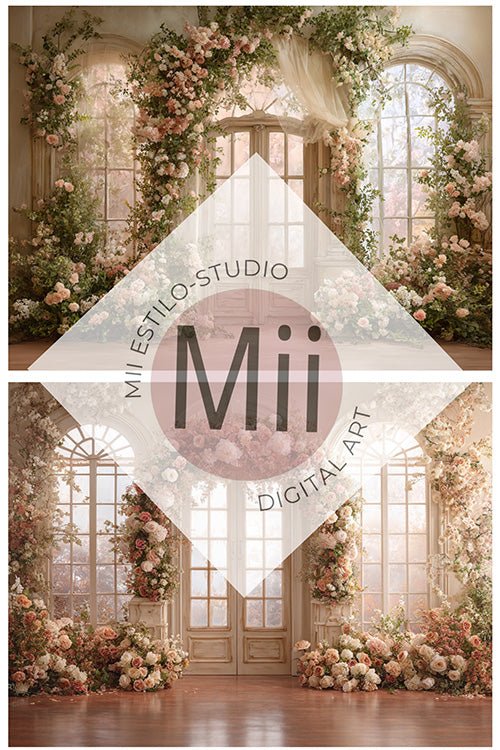 Anthurium Romantic Floral Doorway Digital Backdrop – Vintage Arched Entrance with Elegant Flowers for Photography - Mii - Estilo
