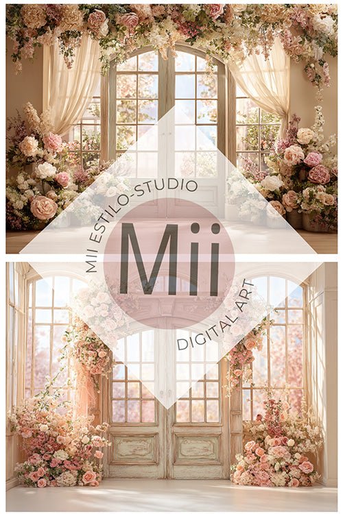 Anthurium Romantic Floral Doorway Digital Backdrop – Vintage Arched Entrance with Elegant Flowers for Photography - Mii - Estilo