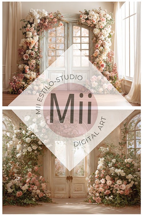 Anthurium Romantic Floral Doorway Digital Backdrop – Vintage Arched Entrance with Elegant Flowers for Photography - Mii - Estilo