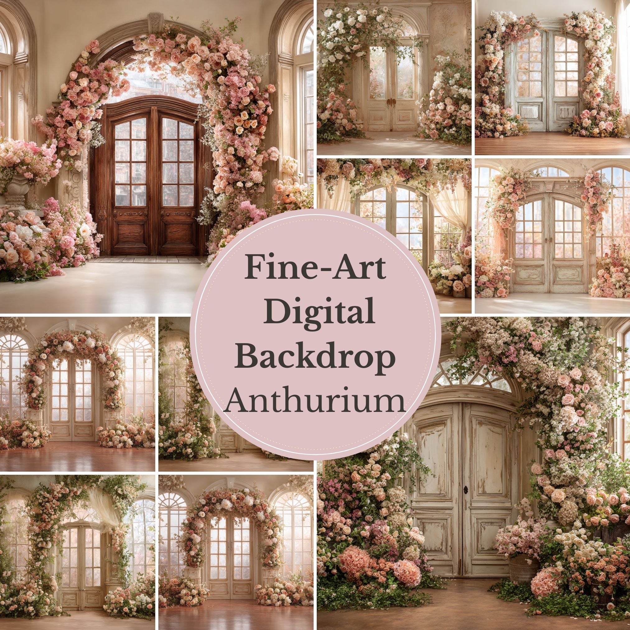 Anthurium Romantic Floral Doorway Digital Backdrop – Vintage Arched Entrance with Elegant Flowers for Photography - Mii - Estilo