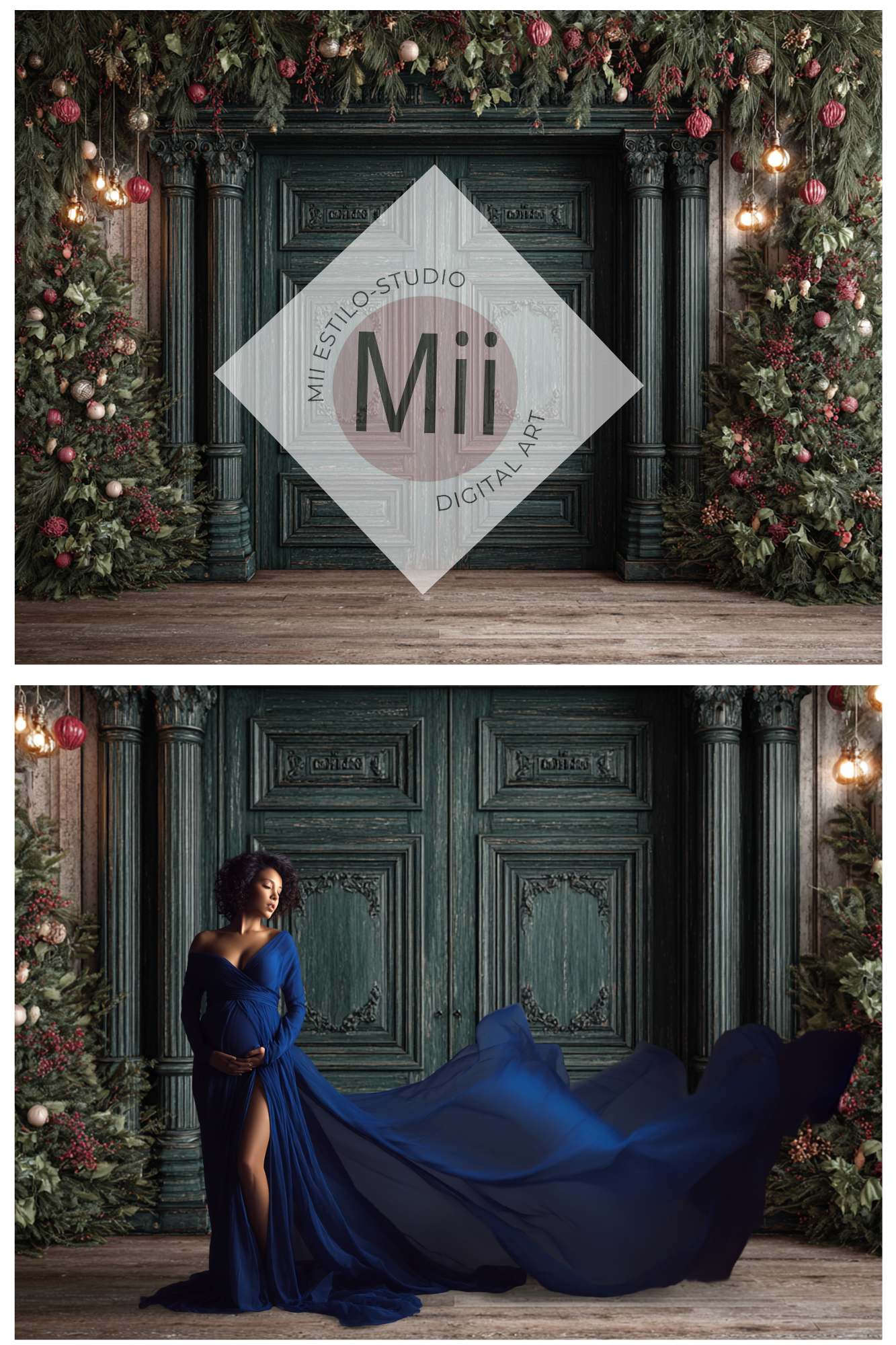 Christmas Green Doors Digital Backdrop Collection – Fine Art Holiday Backgrounds for Family and Portrait Photography - Mii - Estilo