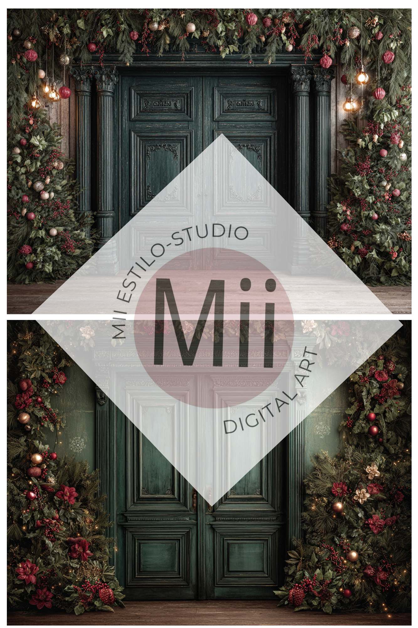 Christmas Green Doors Digital Backdrop Collection – Fine Art Holiday Backgrounds for Family and Portrait Photography - Mii - Estilo