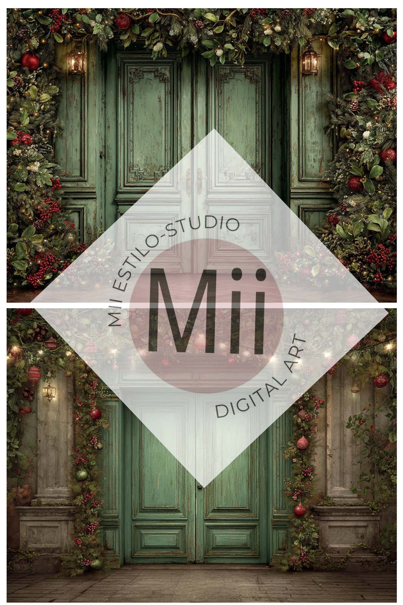 Christmas Green Doors Digital Backdrop Collection – Fine Art Holiday Backgrounds for Family and Portrait Photography - Mii - Estilo