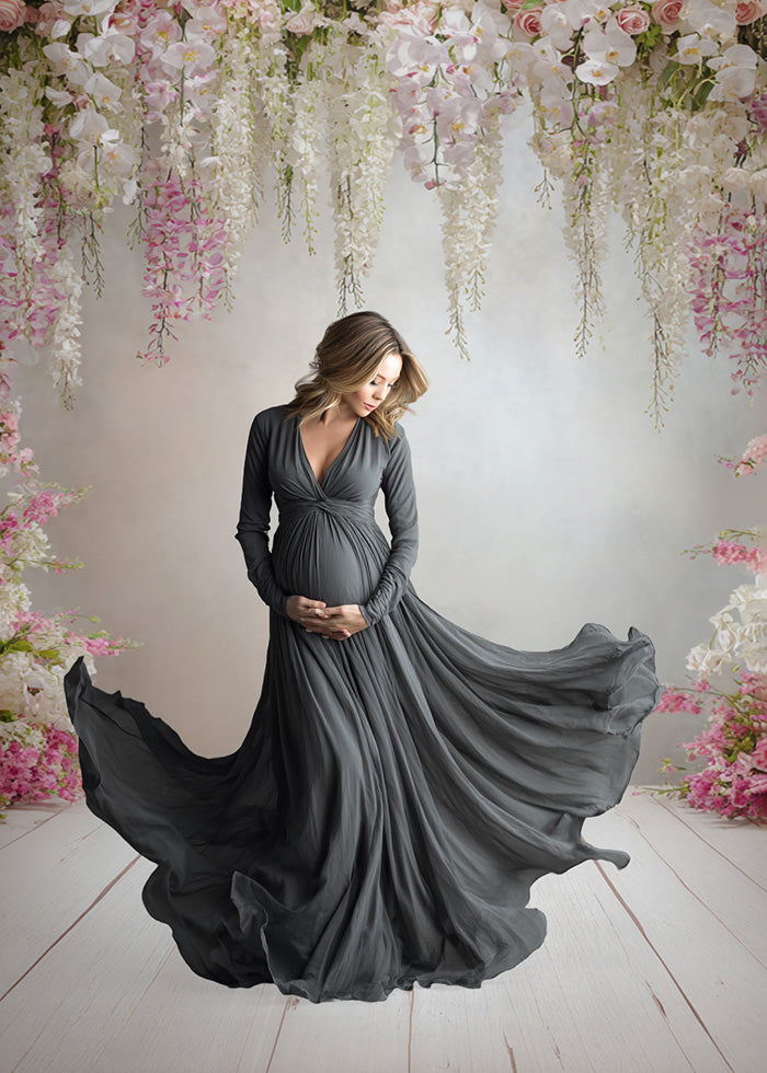 Romantic Pink Orchid Backdrop – Cascading Florals with Soft Blush Gradient Wall
