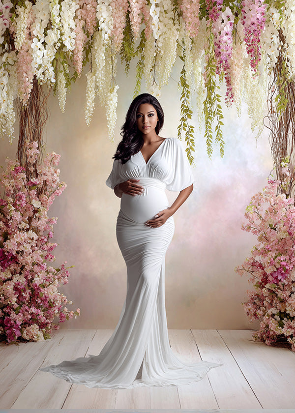Romantic Pink Orchid Backdrop – Cascading Florals with Soft Blush Gradient Wall