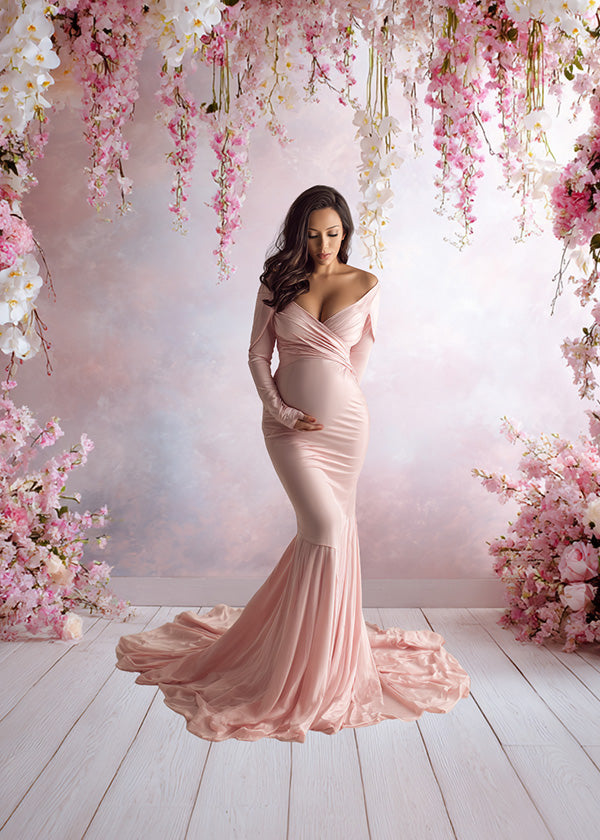 Romantic Pink Orchid Backdrop – Cascading Florals with Soft Blush Gradient Wall
