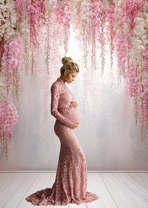 Romantic Pink Orchid Backdrop – Cascading Florals with Soft Blush Gradient Wall