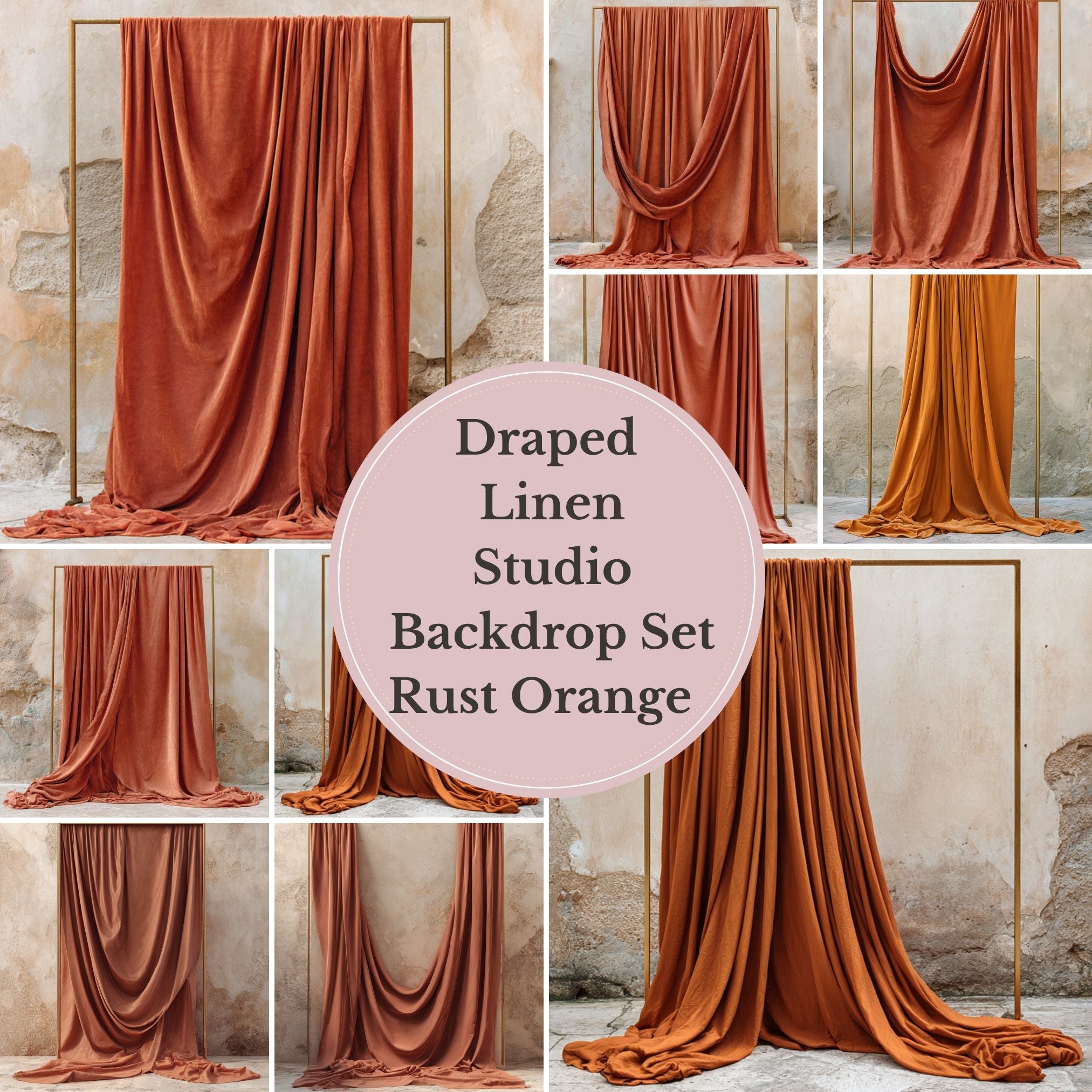 Draped Linen Studio Backdrop Set - Rust orange – Vintage Textured Wall, Fine Art Digital Backgrounds - Mii - Estilo