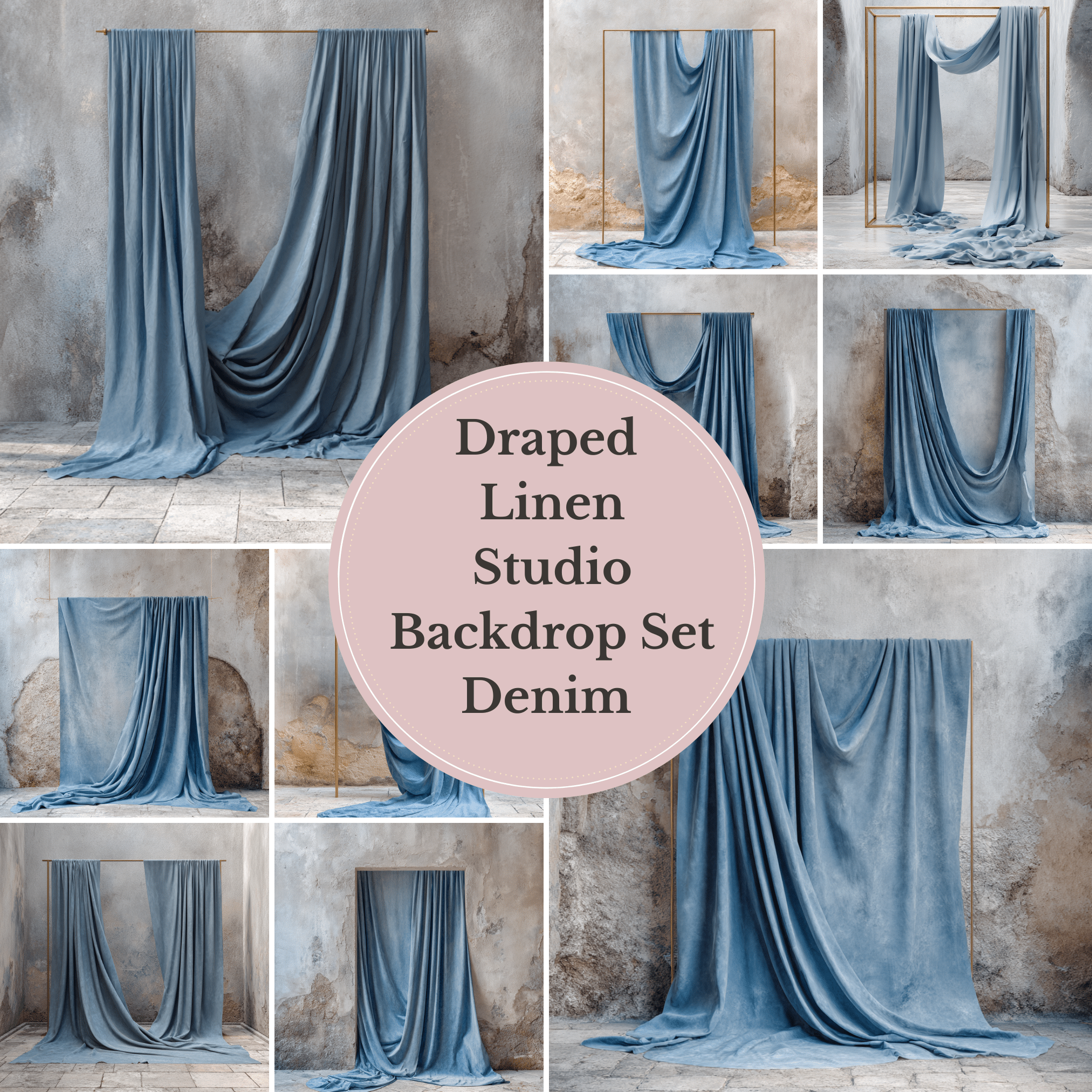 Dusty Blue Draped Fabric Backdrop Set (12) – Old World Textured Wall Fine Art Digital Backgrounds - Studio Mulder