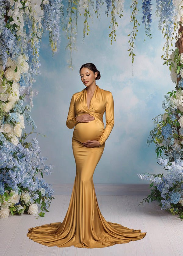 Elegant Blue Floral Arch Backdrop – Cascading White Orchids and Pastel Blossoms with Soft Sky Gradient Wall - Mii - Estilo