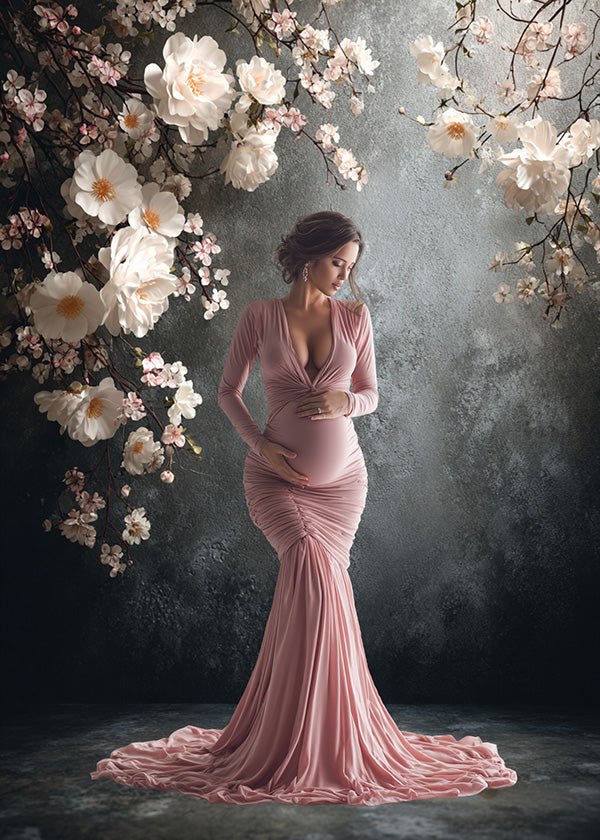 Elegant White Floral Backdrop – Soft Textured Wall with Hanging Blossoms - Mii - Estilo