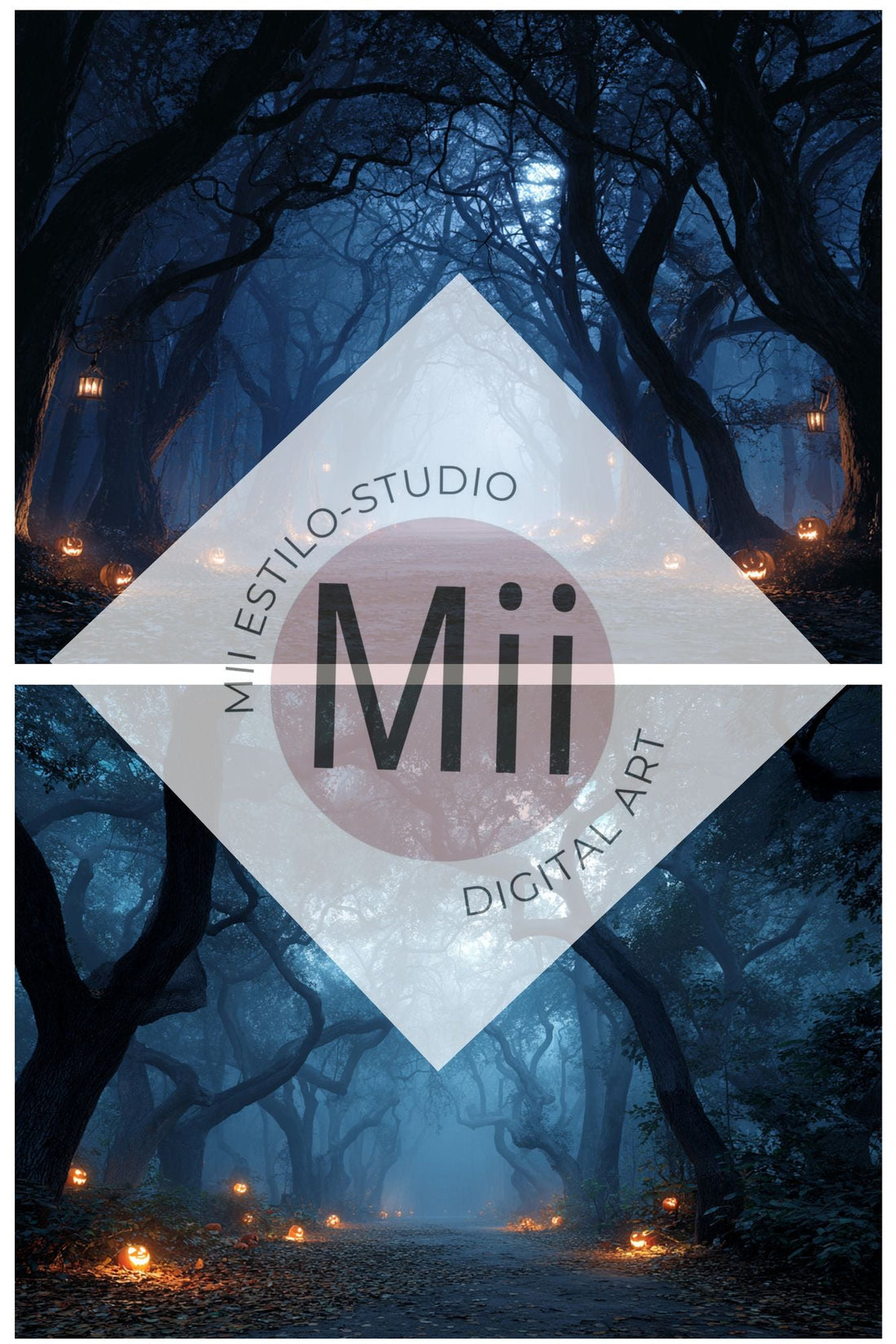 Enchanted Forest Path Backdrop – Haunted Halloween Woods with Lanterns and Pumpkins - Mii - Estilo