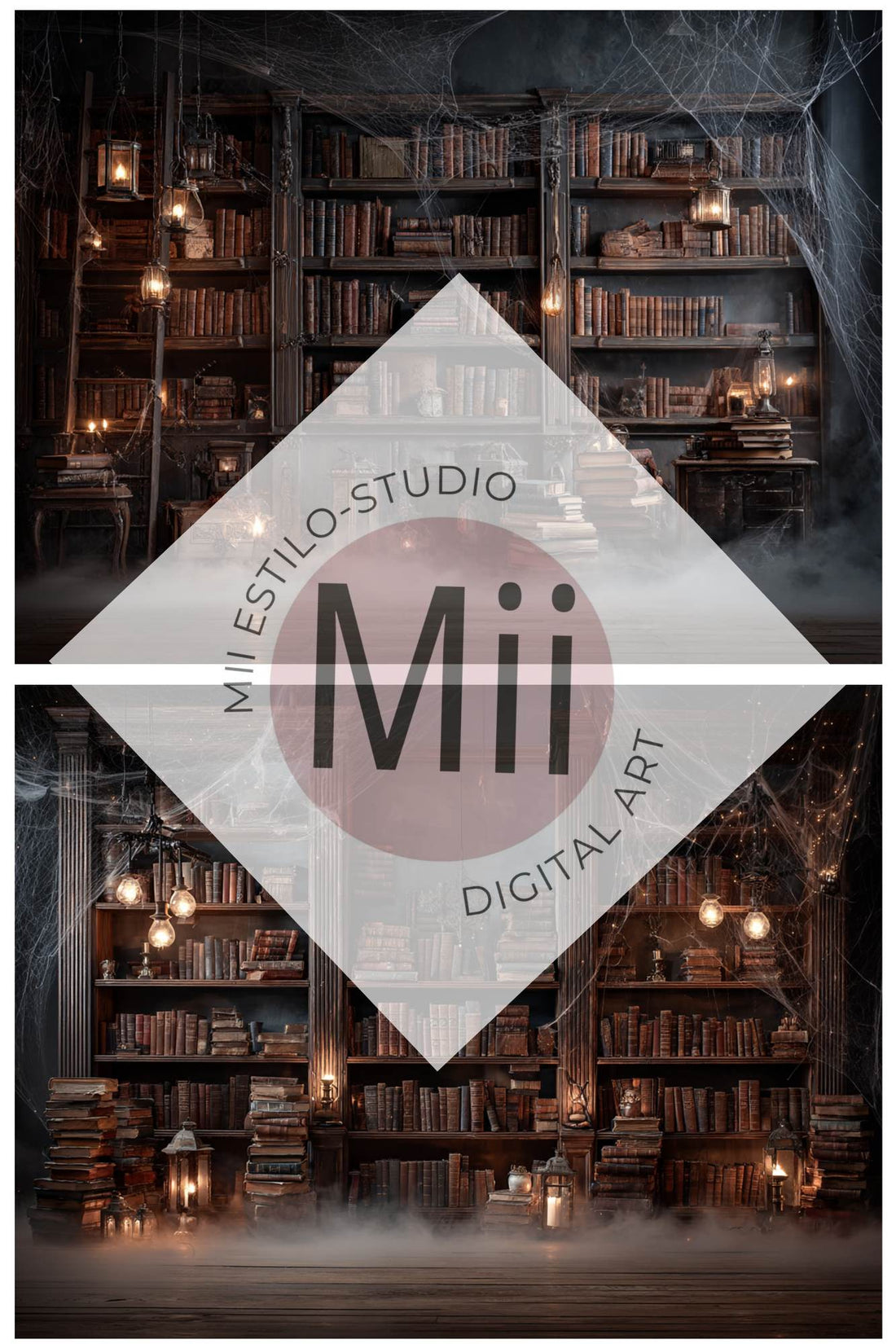 Haunted Library Backdrop – Vintage Dark Book Room with Candles, Cobwebs and Moody Halloween Atmosphere - Mii - Estilo