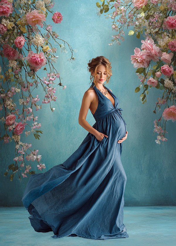 Romantic Garden Backdrop – Pink Roses and Blossoms with Soft Turquoise Wall - Mii - Estilo