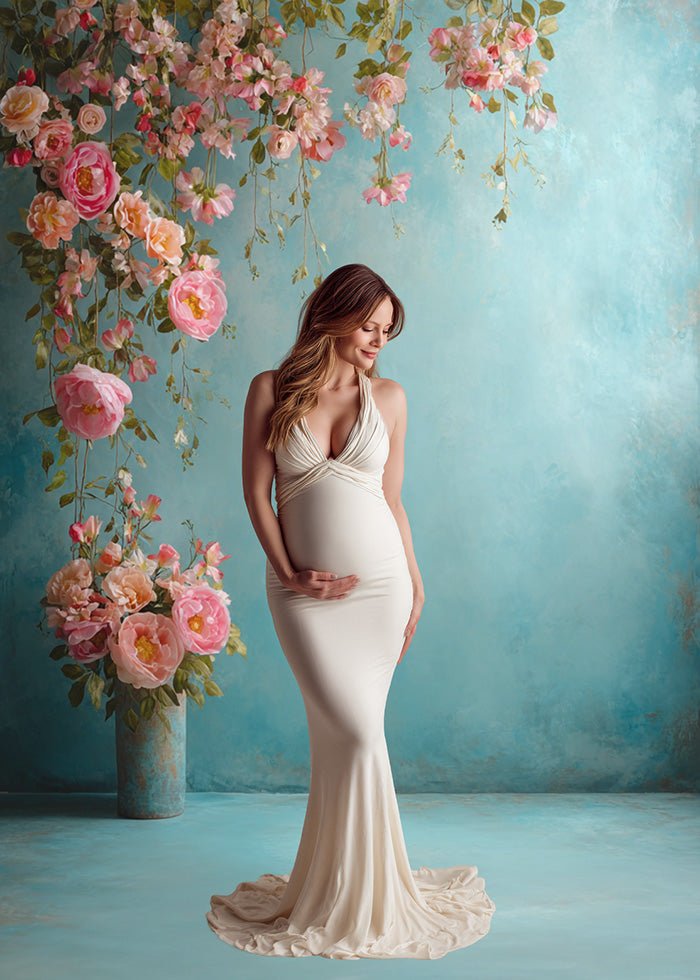 Romantic Garden Backdrop – Pink Roses and Blossoms with Soft Turquoise Wall - Mii - Estilo