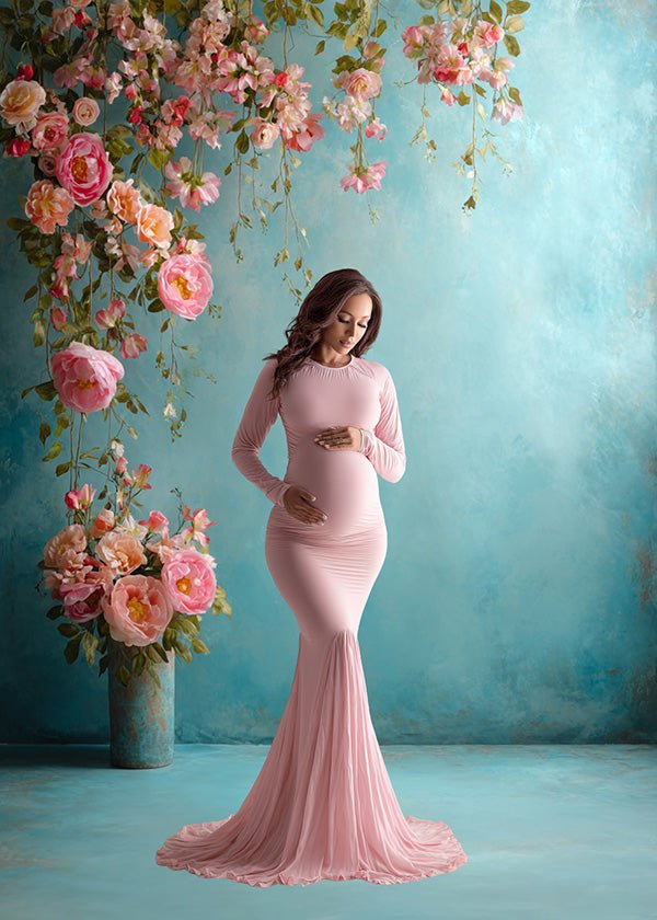Romantic Garden Backdrop – Pink Roses and Blossoms with Soft Turquoise Wall - Mii - Estilo
