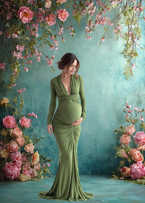 Romantic Garden Backdrop – Pink Roses and Blossoms with Soft Turquoise Wall - Mii - Estilo