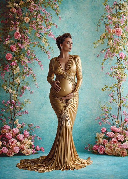 Romantic Garden Backdrop – Pink Roses and Blossoms with Soft Turquoise Wall - Mii - Estilo