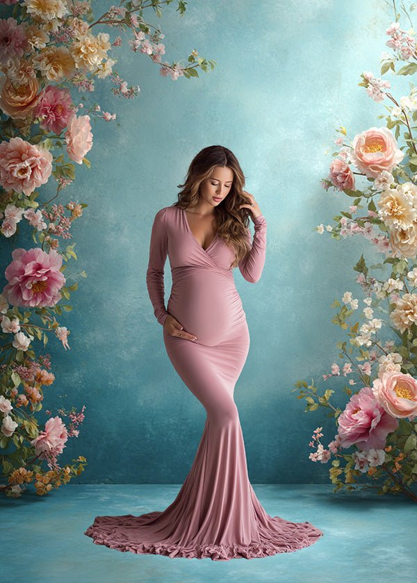 Romantic Garden Backdrop – Pink Roses and Blossoms with Soft Turquoise Wall - Mii - Estilo