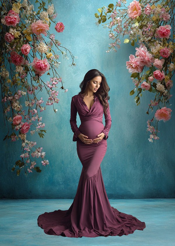 Romantic Garden Backdrop – Pink Roses and Blossoms with Soft Turquoise Wall - Mii - Estilo