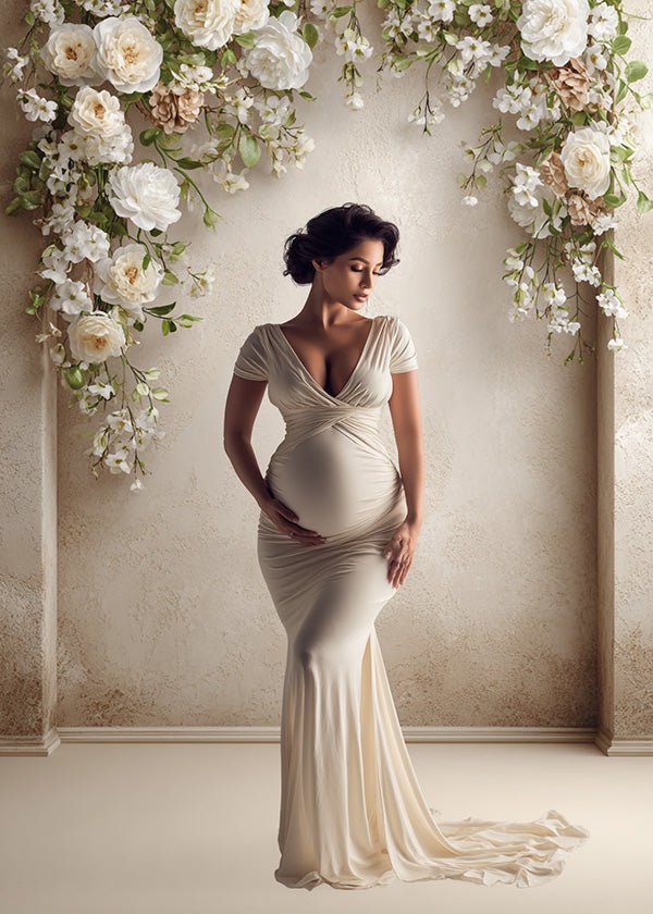 Romantic Ivory Blossom Backdrop – Elegant White Florals with Soft Sand Beige Wall - Mii - Estilo