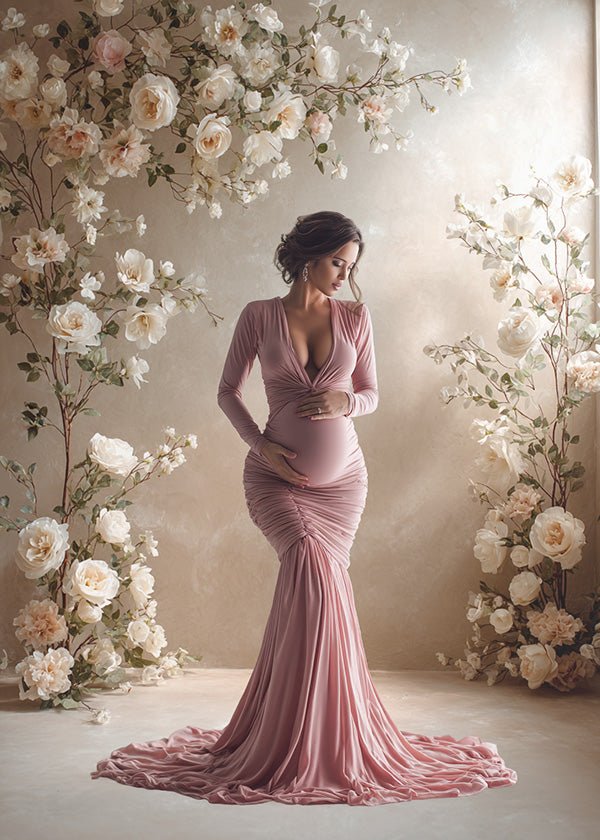 Romantic Ivory Blossom Backdrop – Elegant White Florals with Soft Sand Beige Wall - Mii - Estilo