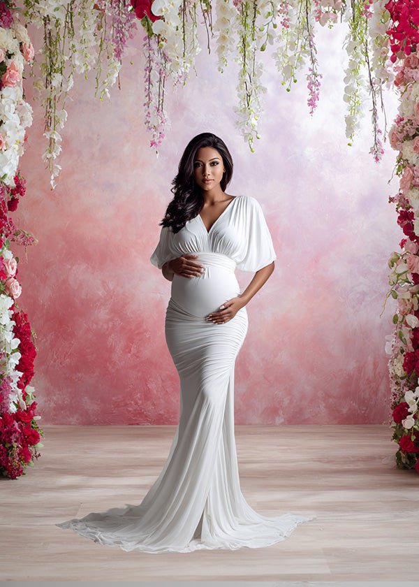 Romantic Pink and Red Floral Backdrop – Elegant Blossom Arch with Soft Pastel Gradient Wall - Mii - Estilo
