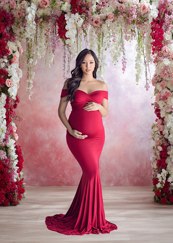 Romantic Pink and Red Floral Backdrop – Elegant Blossom Arch with Soft Pastel Gradient Wall - Mii - Estilo