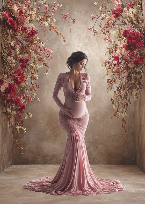 Romantic Red Blossom Backdrop – Hanging Roses on Soft Beige Textured Wall - Mii - Estilo