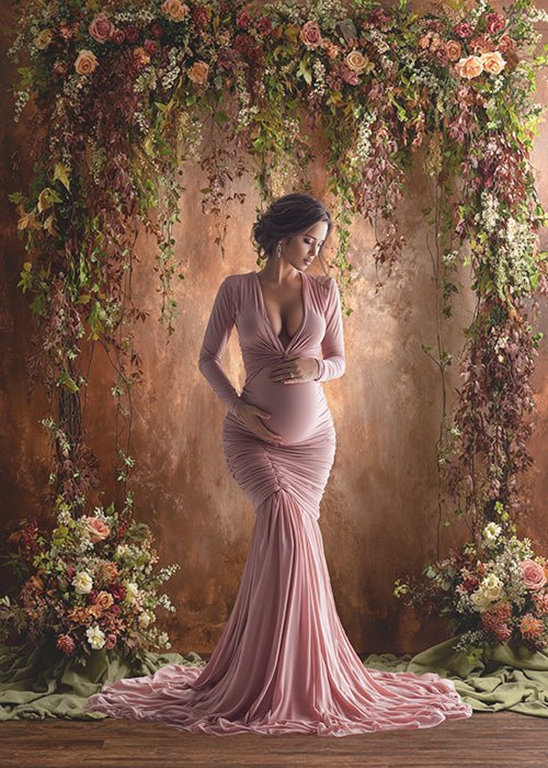 Rustic Autumn Floral Backdrop – Warm Copper Wall with Greenery and Peach Roses - Mii - Estilo