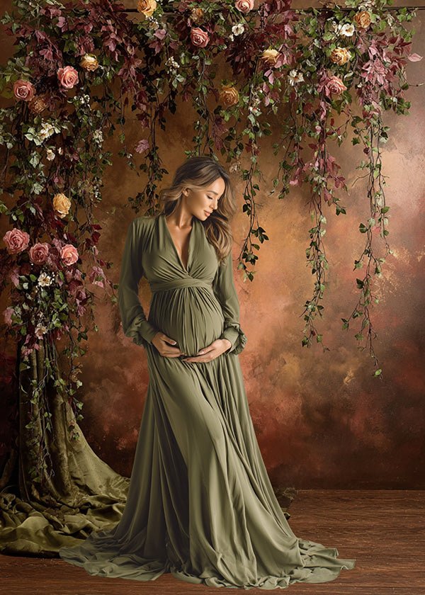 Rustic Autumn Floral Backdrop – Warm Copper Wall with Greenery and Peach Roses - Mii - Estilo