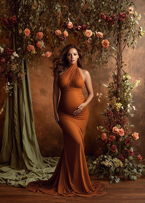 Rustic Autumn Floral Backdrop – Warm Copper Wall with Greenery and Peach Roses - Mii - Estilo