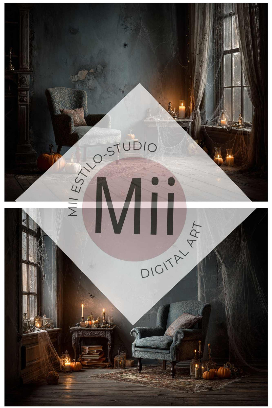 Victorian Witch’s Corner Backdrop – Vintage Halloween Room with Pumpkins, Candles and Antique Chair - Mii - Estilo