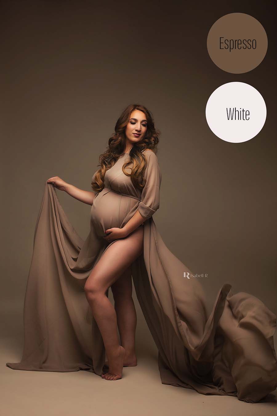 pregnant model wearing a long chiffon cape in espresso color.