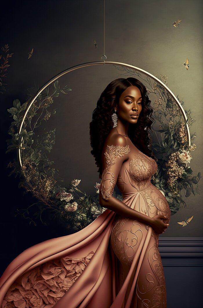 pregnant black model poses in a studio in front of a digital background with a golden circle hanging from the floor. the circle is completely full with several flowers.