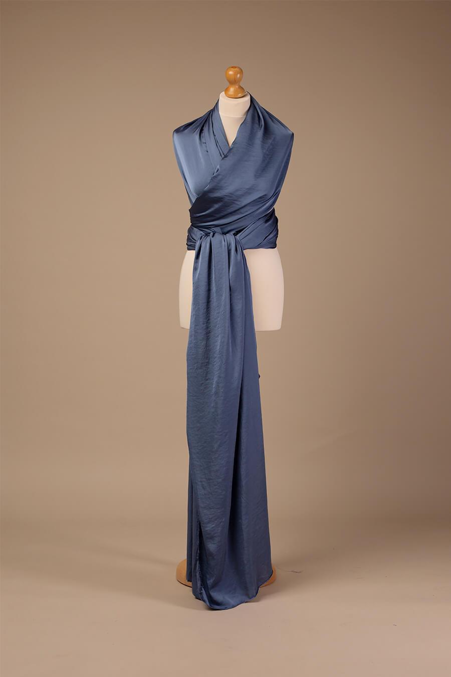 display photo of a 4m piece of silk fabric in denim color.