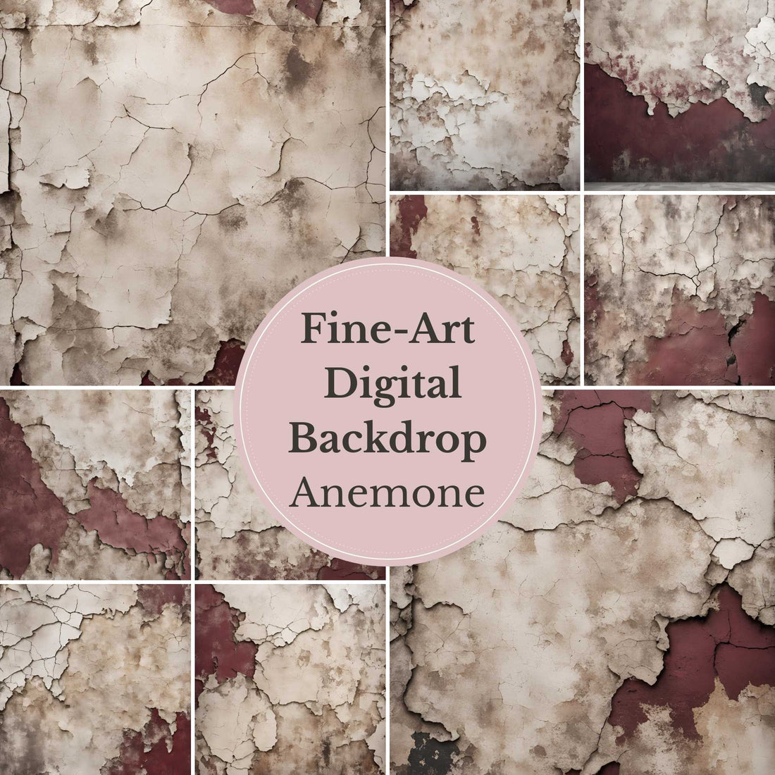 Anemone Vintage Cracked Plaster Digital Backdrop – Aged Red and Beige Peeling Wall Texture for Photography