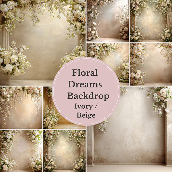 Romantic Ivory Blossom Backdrop – Elegant White Florals with Soft Sand Beige Wall