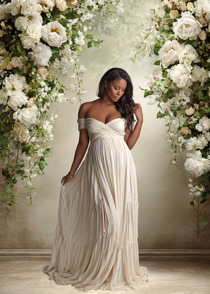 Romantic Ivory Blossom Backdrop – Elegant White Florals with Soft Sand Beige Wall