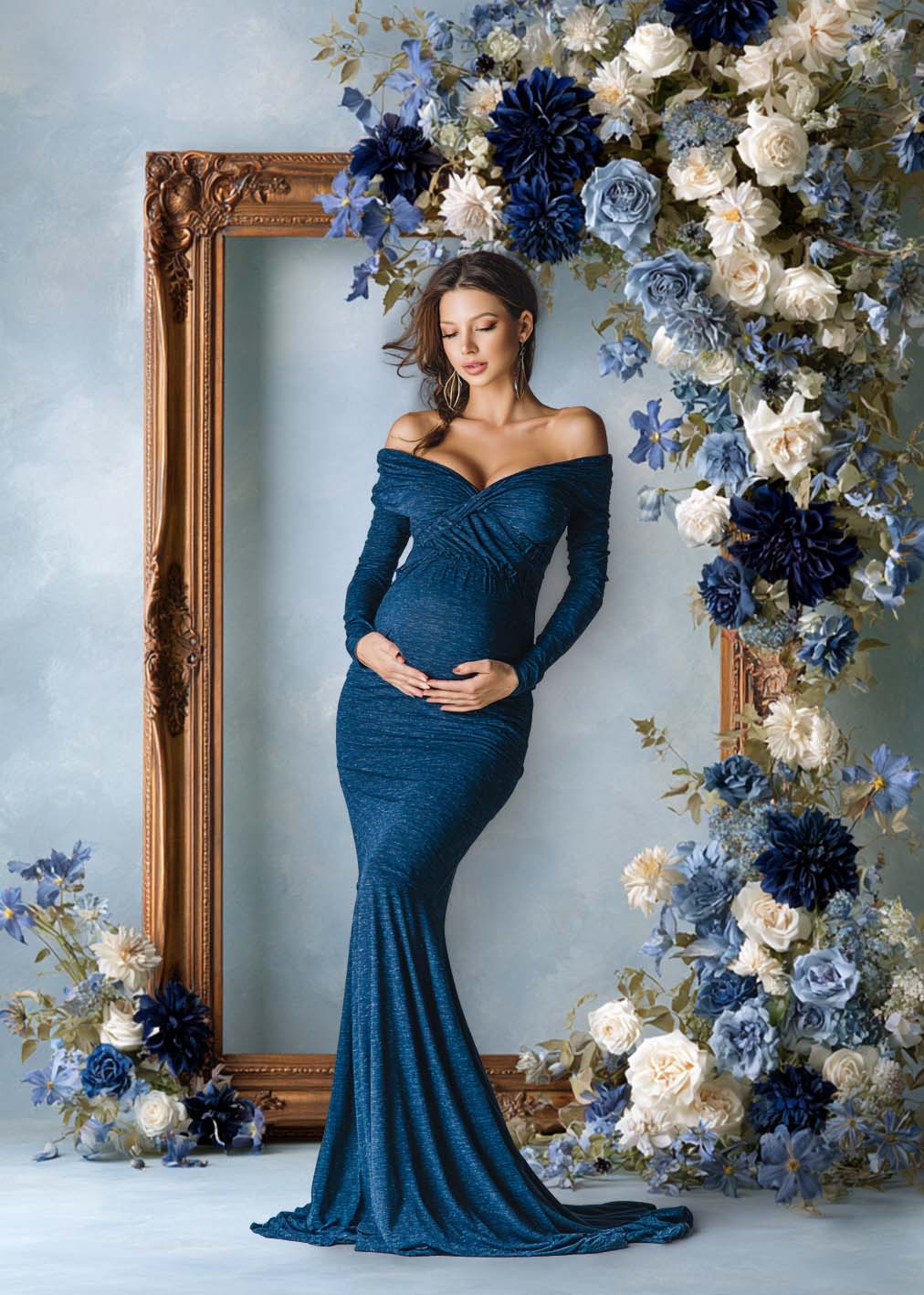 Vintage Floral Frame Digital Backdrop Collection – Midnight Blue &amp; Ivory Fine Art Photography Backgrounds