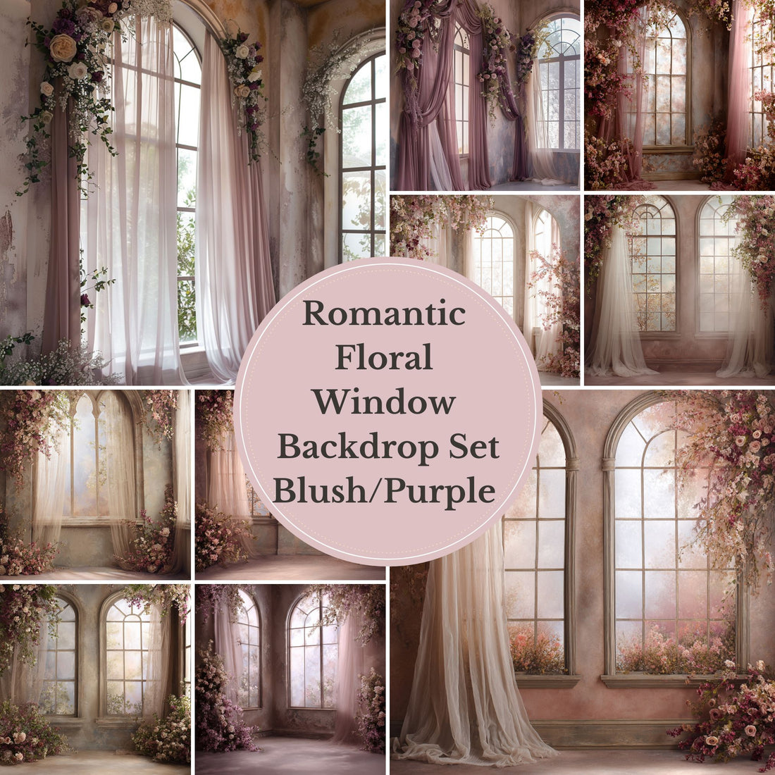 Blush/purple Floral Window Digital Backdrop Collection – Fine Art Photography Backgrounds